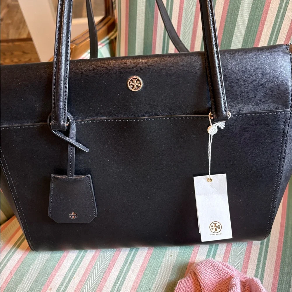Tory Burch Black Leather Parker Tote with Gold Logo NWT